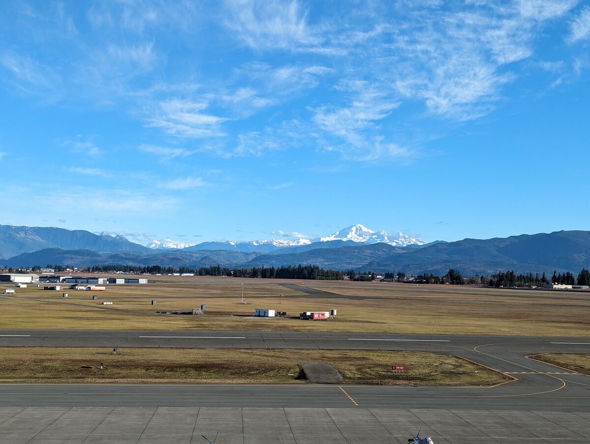 Abbotsford Airport runways with a snowy mountain in the background